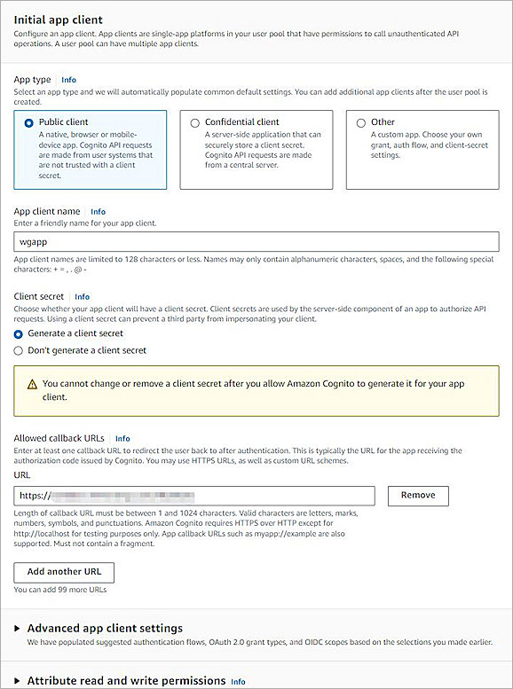 Screenshot of configure app client.